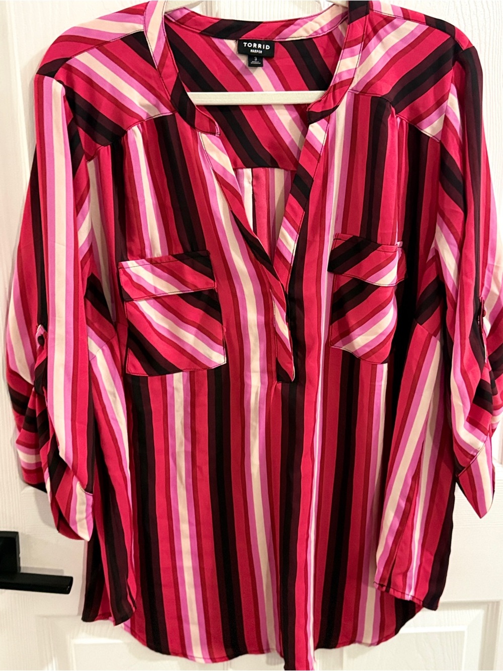 Torrid Harper Blouse 3 Pink Red Striped Popover Roll Tab Sleeve Pockets